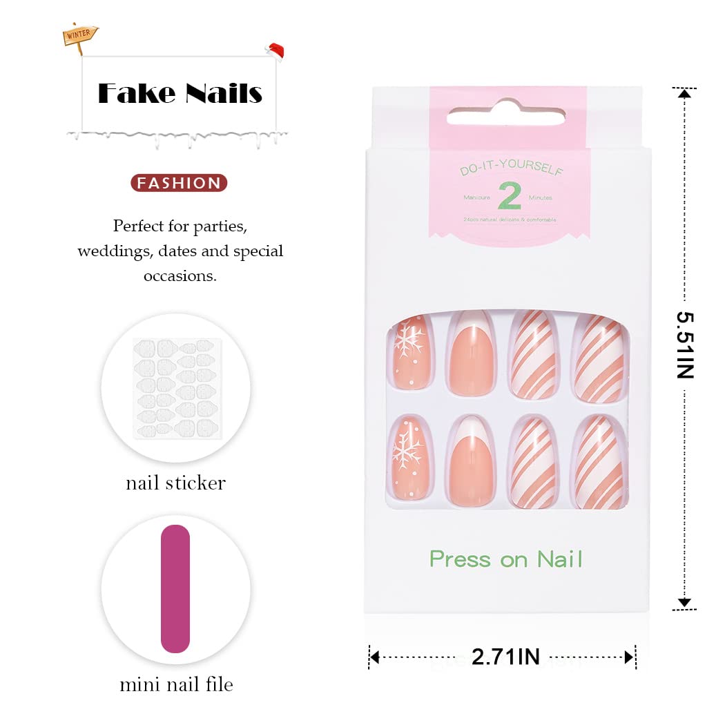 Handcess Christmas Oval False Nails White Short French Press on Nails Glossy Snowflake Acrylic Fake Nails Stick on Nail 24Pcs for Women - Image 4