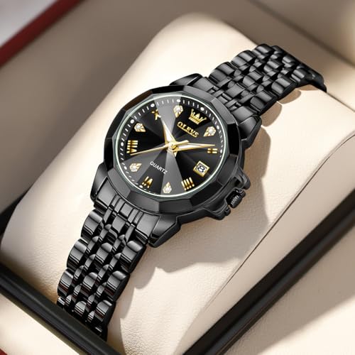 Image of OLEVS Womens Watch Fashion Diamond Analog Gifts Watches for Ladies Quartz Stainless Steel Casual Roman Waterproof Luminous Calendar Wristwatch