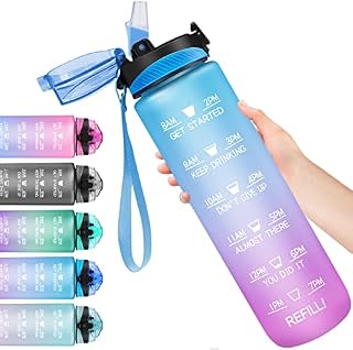 1 litre Water Bottle with Straw, Motivational Fitness Sport Water Bottle with Time Maker, Leakproof BPA-free Tritan Drink Bottle for Outdoor, Cycling, Gym, School & Office (Blue Purple)