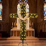 Künstlicher Weihnachtsbaum mit Lichtern, 1,8 m langer Weihnachtsbaum mit Seidenschal und Christuskrone, Jesus Christus, katholisches Kreuz, Dekoration für drinnen und draußen, Urlaub, Hof