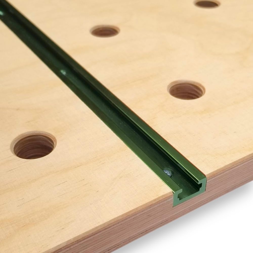 Plan de travail d'ébéniste 1200x610 mm, perçages de 20 mm, avec rails à rainure en T, contreplaqué