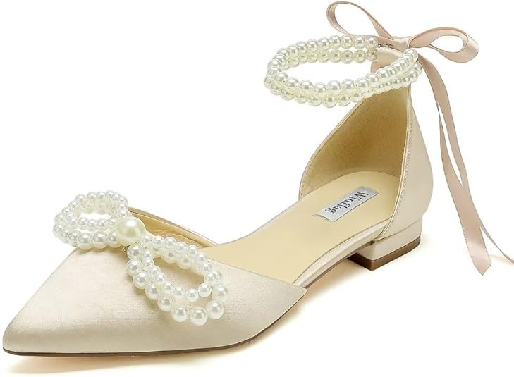 Elegant Pearl Ribbon Tie Satin Flat Heel Pointed Toe Bridal Shoes