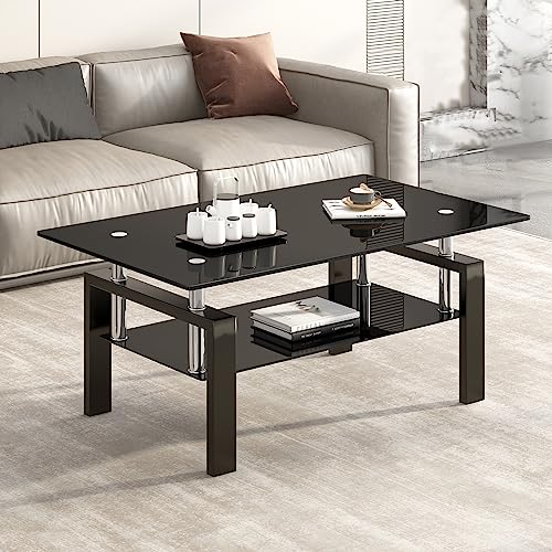 FENGHUA GLASS HOME Couchtisch aus Gehärtetem Glas mit Metallbeinen Moderner Kleiner Couchtisch für Wohnzimmer 100 x 60 x 45 cm Schwarz