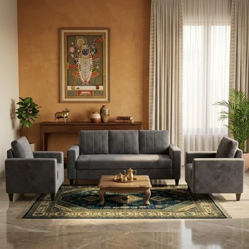 Image of Hendrick Plush Velvet 3 Seater + 1 Seater + 1 Seater Sofa Set | Silken Velvet Upholstery | Golden Legs | Designer Set for Living Room & Office Spaces (Dark Gray)