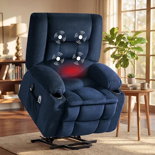 Power Lift Recliner Chair for Elderly, Electric Reclining Lift Chair with Massage and Heating, Comfy Overstuffed Recliner Single Sofa with Cup Holders,Pockets,USB Charge Port for Living Room,Navy Blue