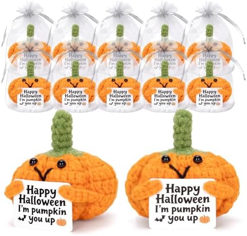 12Pcs Funny Positive Pumpkin Emotional Support Plush, Cute Crochet Toy with Positive Card Cheer Up Dolls Gifts for Halloween Birthday Holiday Party