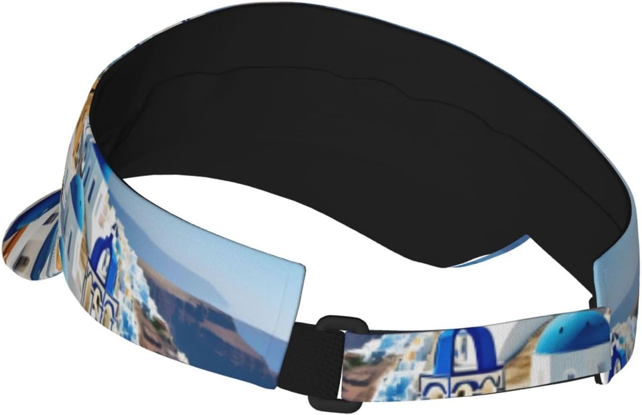 Greek Island sea View Print Foldable Sun Visor Hat Lightweight Adjustable Sun Visor Hat Outdoor Sports Cap for Adults Black