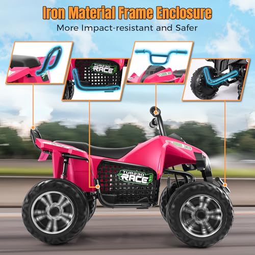 Hikole 24V Iron-Frame Kids ATV 4 Wheeler, 2 Seater 4WD Ride On Four Wheeler w/LED Light, Metal Body, MP3, USB, Spring Su - Additional View