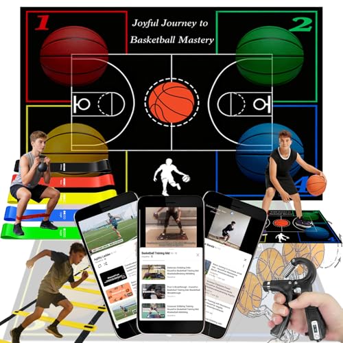 HouzeFun Basketball Training Equipment Agility Footwork Training Mat Dribble Trainer Basketball Practice Aids to Improve Speed Strength and Coordination (42*29 Basketball Training Mat (3D Patterns) Agility ladder Grip Strengthener Resistance Bands)