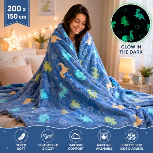 Image of Glow in The Dark Dinosaur Blanket for Kids, Teens & Adults, 200 x 150 cm, 240 GSM Soft Polyester Fleece Throw Blanket, Cozy Lightweight AC Blanket for Bed, Sofa & Travel, Blue
