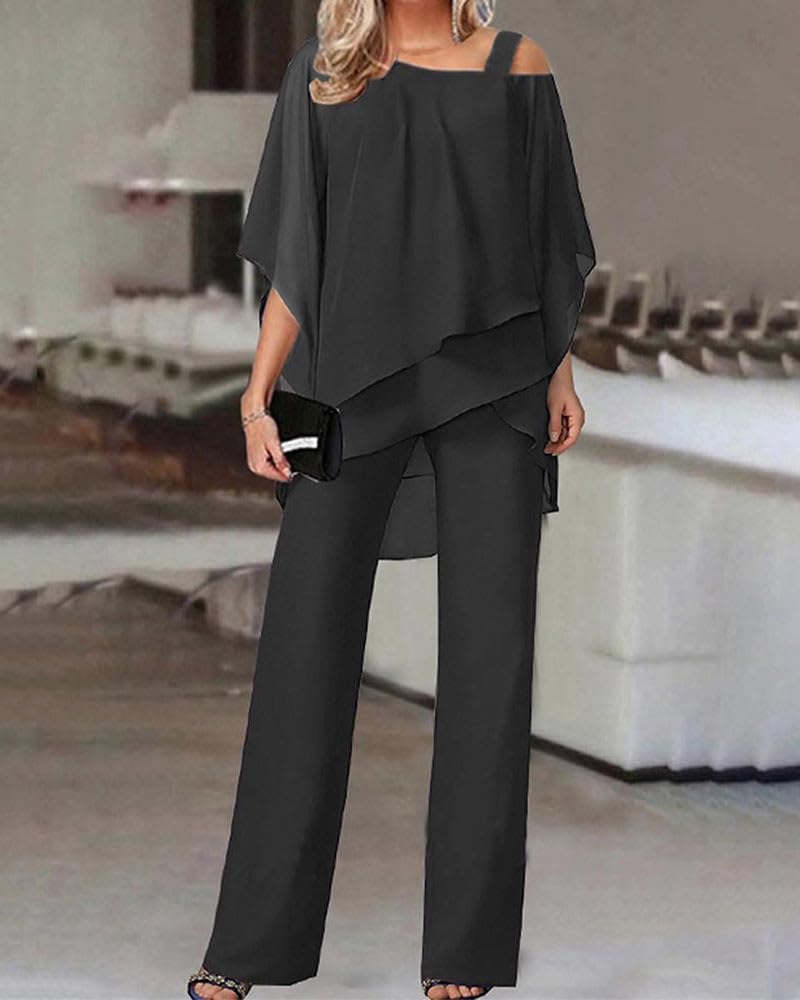 Hosenanzug Damen Elegantes Chiffon Zweiteiliges Set Shirt und Hosenanzug Cocktail Party Batwing Ärmel Festliche Abendzüge