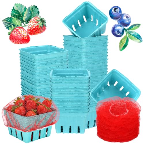 Bokon 50 Pcs 1 Pint Berry Basket with 50 Stretchable Mesh Netting Bags, Strawberry Berry Container Molded Pulp Fiber Vented Green Produce Basket Set for Kitchen Farmers Market Fruit Vegetable Storage