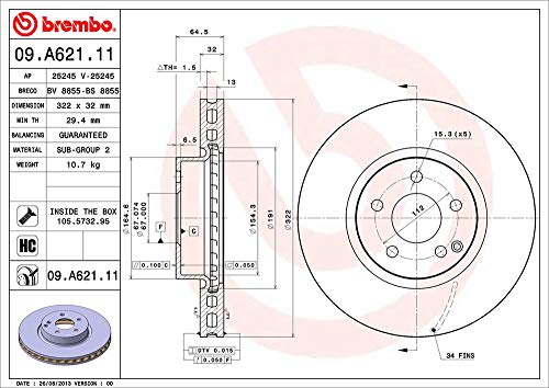 Brembo 09.A621.11 - Disco Freno Con Verniciatura Uv (Set Di 1) - Anteriore - 5