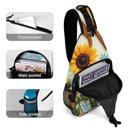 Men's Small Day Pack, Cross Body Sling Bag, Travel Hiking Fashion Chest Bag Retro Sunflower4