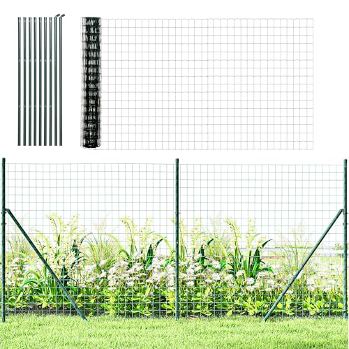 Outsunny Malla de alambre soldada – Malla 7,3 x 6,3 cm – Altura 2 m – Longitud 10 m – Postes, patas de fuerza incluidas – Acero recubierto de PVC verde