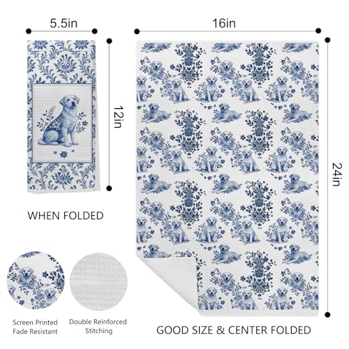 Image of Chinoiserie Labrador Retriever Kitchen & Hand Towels Set of 2, Blue and White Floral Dog Dish & Tea Towels for Kitchen Bathroom Decor, Vintage Toile Dog Lover Gifts for Women 16x24 Inch