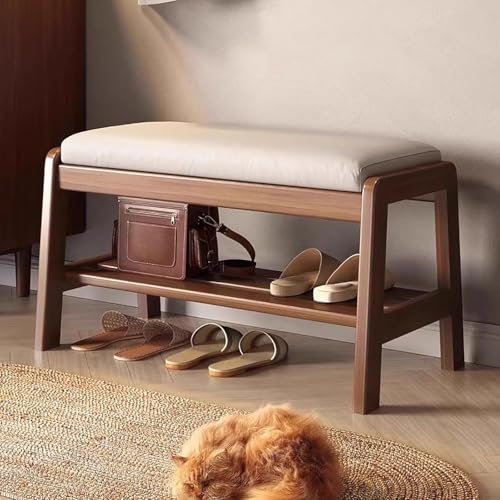 WJFTODAY Mid Century Modern Solid Wood Shoe Bench with Cushion 2 Tier Entryway Shoe Storage Stylish Wooden Rack for Hallway and Living Room Décor