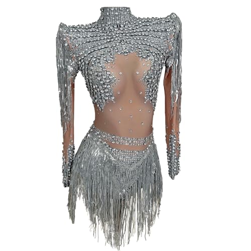 CELESINYI Women Sparkly Diamonds Sequins Bodysuit Singer Dancer Stage Wear Sexy Performance Latin Dance Costume Party Birthday Outfit (Silver One Size)