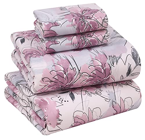 Ruvanti 100% Cotton Sheets - Crispy Cooling Percale Bedding Sheets for King Size Bed, Breathable & Durable King Sheet Set, 16 Inches Deep Pocket Bed Sheets, Lilac Floral, 4 Pieces