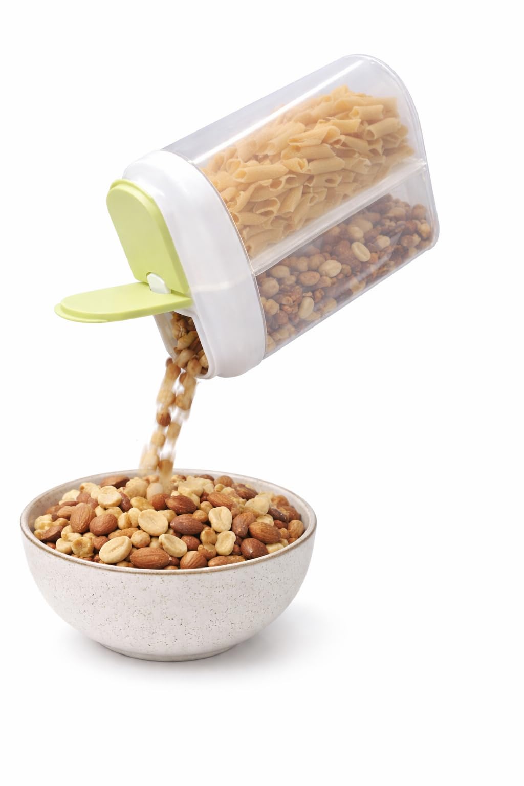 - TEASER 2-Section Airtight Food Storage Container | Dual Compartment Kitchen Storage Jar for Pulses, Cereals, Dry Snacks | 19×14×7.5 cm | BPA-Free | Pink, Pista & Black Lid Options. (Pista)