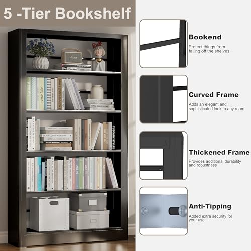 Image of Heavy Duty Metal Bookshelf, 5-Tier Industrial Bookcase with Adjustable Shelves, Large Storage Bookshelf for Living Room, Office, Library, 69 inch H x 36 inch W, Black