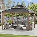 SUNJOY 10 x 12 ft. Wood Gazebo, Outdoor Patio Cedar Framed Steel Hardtop Gazebo with 2-Tier Metal Roof, Suitable for Patios, Lawn and Backyard, Dark Brown Roof + Dark Wood Frame