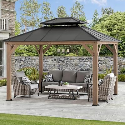 SUNJOY 10 x 12 ft. Wood Gazebo, Outdoor Patio Cedar Framed Steel Hardtop Gazebo with 2-Tier Metal Roof, Suitable for Patios, Lawn and Backyard, Dark Brown Roof + Dark Wood Frame