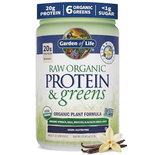 Garden of Life Raw Protein & Greens Vanilla Protein Powder – 20g Plant Based Greens Powder, Probiotics & Enzymes, Post-Workout Recovery, Vegan, Gluten-Free, Non-GMO, 20 Servings