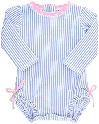 RuffleButts® Baby/Toddler Girls Long Sleeve One Piece Swimsuit - Blue Seersucker with UPF 50+ Sun Protection - 6-12m