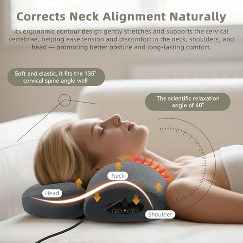 3-in-1 Neck Massager Pillow with Heat, Vibration and Cervical Traction, Ergonomic Neck Support Aid and Neck Support Pillow for Pain Relief, Deep Tissue Neck and Shoulder Massager