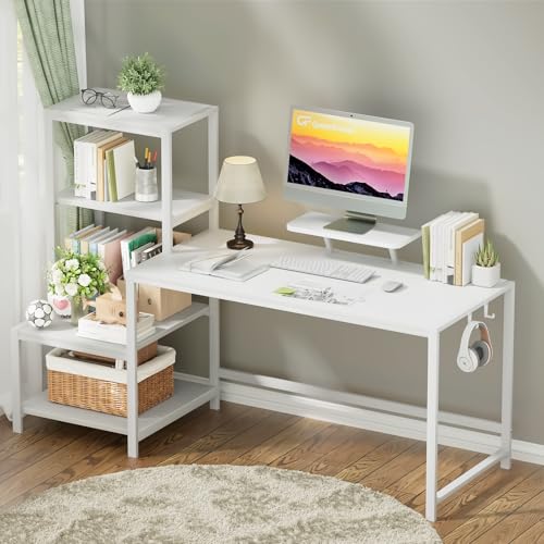 Image of GreenForest Computer Desk 58 inch with Printer Shelf, Reversible Office Desk with Monitor Stand and 2 Hooks, Home Desk Workstation for Study Writing Working Gaming, Full White