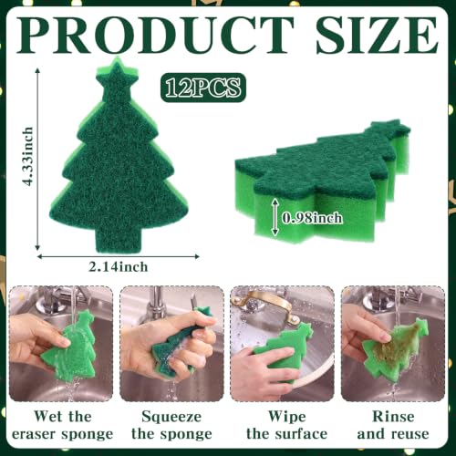 Image of Tioncy 12 Pack Christmas Tree Kitchen Sponges Bulk Cute Green Tree Dual Sided Scrubber Sponges Dishwashing Kitchen Cleaning Accessories for Home Decor Household Supplies