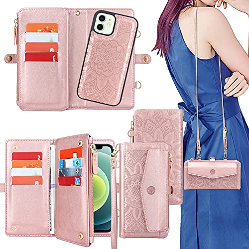 Harryshell [Block Theft Card Scanning] Function, Detachable Magnet Wallet Case Cover Cash Bill Zipper Pocket Crossbody Lanyard Strap For Iphone 12 / Iphone 12 Pro (Floral Rose Gold) #TOP13