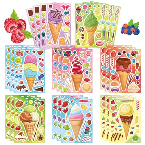 24 Sheets Make Your Own Ice Cream Dessert Stickers for Kids, Toddlers - Summer Theme Ice Cream Stickers for Party Favors, Decorations