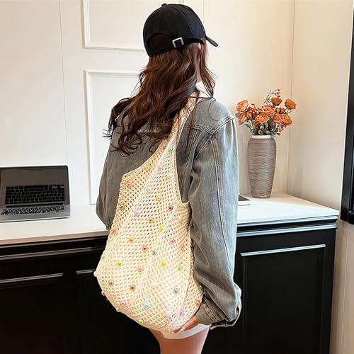 Image of Crochet Tote Bag for Women Mesh Summer Beach Bag Large Knitted Bag Woven Shoulder Handbag Vacation Aesthetic Hobo Bag Travel