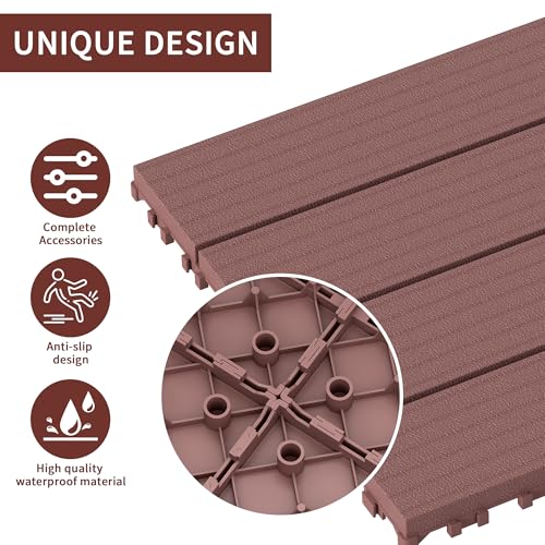 GOOFCXO 44 PCS Interlocking Deck Tiles, 12\"x12\" Plastic Outdoor Patio Flooring Boards 44 Sq.Ft. All Weather Use Patio Floor Decking Tiles Non-Slip for Pool Porch Balcony Backyard (Brown)
