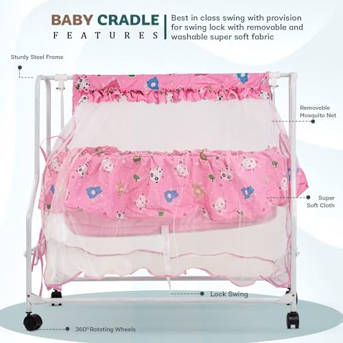 Image of BAYBEE Cradle for New Born Baby with Mosquito Net & Bedding Set, Baby Jhula, Thottil, Infant Uyyala, Safety Spring Palna, Cotton Sleeping Swing for Boys & Girls (Pink)