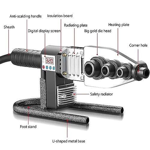Professionale PPR Tubo Saldatore 20-63mm Digitale Presa Fusione con Anti-Block Dies, Piatto di riscaldamento in alluminio per sistemi d'acqua in plastica PE PB, Dissipazione di calore efficiente