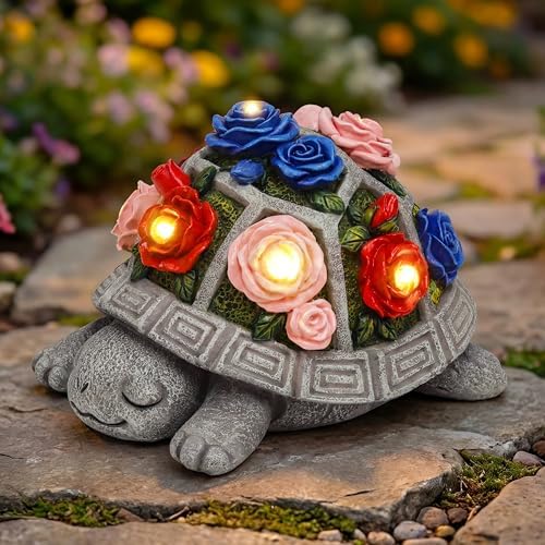 Snclriao Solar Garden Decor Outdoor Turtle Statue with Multi-Color Rose Flowers & 7 LED Lights – Outside Tortoise Decoration for Lawn Yard Patio Backyard - Home House Art - Gift for Men Dad Women Mom