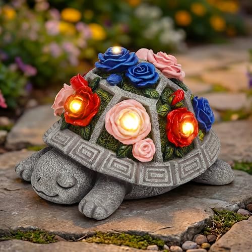 Snclriao Solar Garden Decor Outdoor Turtle Statue with Multi-Color Rose Flowers & 7 LED Lights – Outside Tortoise Decoration for Lawn Yard Patio Backyard - Home House Art - Gift for Men Dad Women Mom