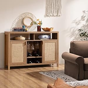 SICOTAS Coffee Bar Cabinet 51 Rattan Sideboard Buffet Cabinet with Storage Boho Farmhouse Liquor Cabinet with Wine Racks Credenza Console Table for Home Living Dining Room Entryway Natural