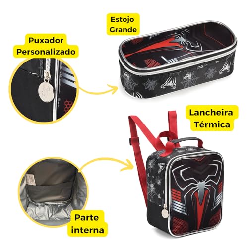 Kit Mochila Homem Aranha Dark Mochila Rodinhas Estojo Lancheira Spider Man