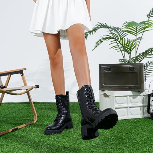 Image of Vepose Women's Mid Calf Combat Lace Up Chunky Platform Boots
