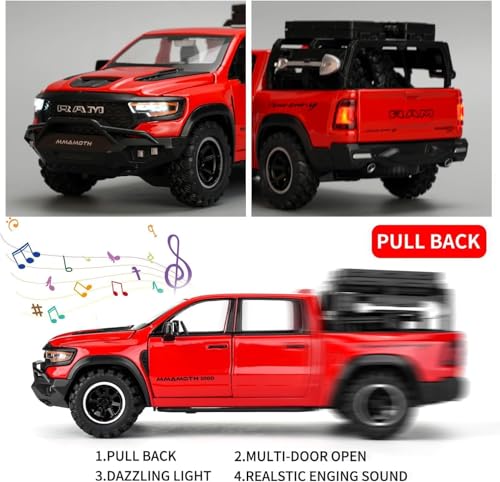 Image of 1 /32 Ram Pickup Truck Diecast Model Toy Car Metal Truck with Sound & Light Pull Back Friction Powered Toy Vehicle Openable Doors Collectible Gift for Kids & Boys (Red)