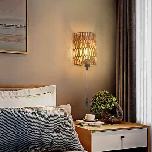 Image of FINCMY Boho Wall Decor Plug in Wall Sconces, Dimmable Sconces Wall Decor Set of 2, Natural Hemp Rope Boho Decor, Plug in Wall Light with Remote, LED Bulbs Included