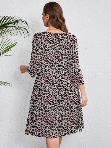 Image of AusLook Women's Plus Midi Dresses Crew Neck A Line 3 /4 Sleeves Casual Elegant Loose Wedding Vacation Dress with Pockets