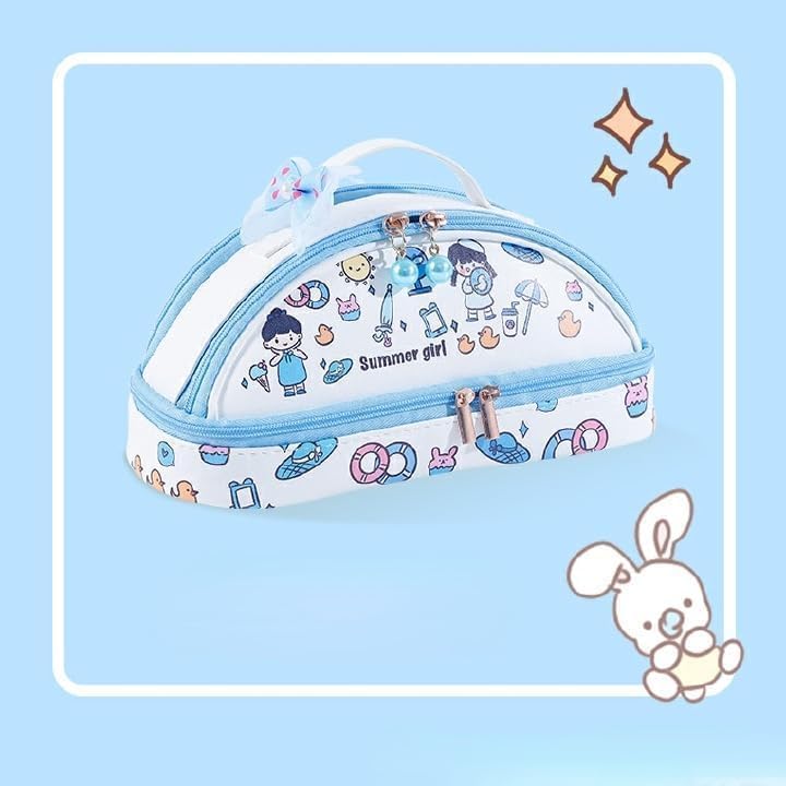 Image of Kawaii Large Capacity Pencil Case with Pearl Zipper Washable Durable PU Leather Pen Bag, Cute School Stationery Organizer for Girls, Kids, Teens, Students (Summer Girl Blue Pouch)