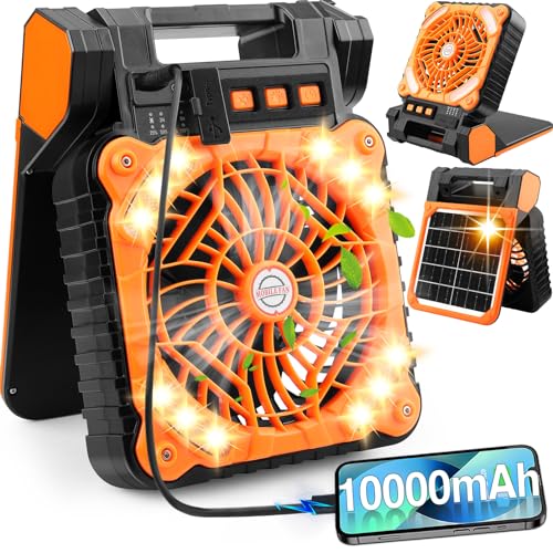 REHAVE Portable Solar Fan Camping Light, Rechargeable, Solar Charging, 10000mAh Rechargeable Battery, USB Fan Light, Personal Desk Fan Light, For Fishing, Outdoor Party, Tents, Worksites, Reading