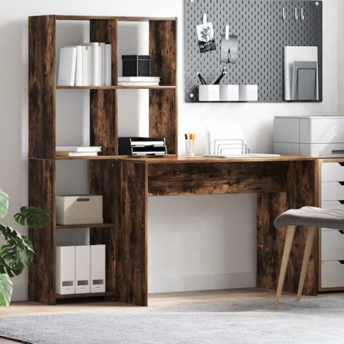 pokgdf Smoked Oak Engineered Wood Desk with Shelf 138.5 x 55 x 143 cm, Modern Office Desk with Ample Storage Space and Durable Scratch-Resistant Surface for Home Office, Study,