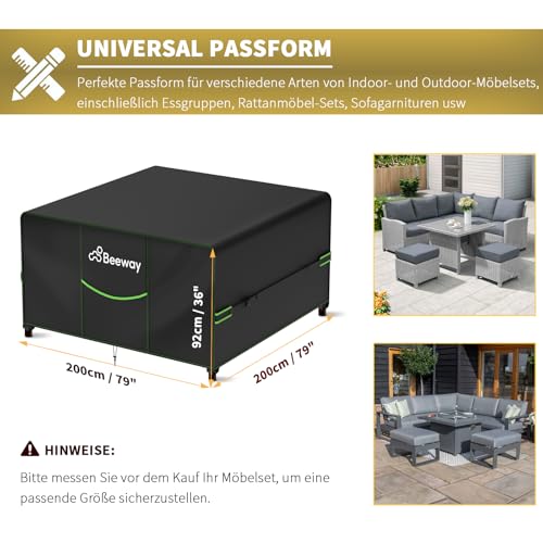 BEEWAY Gartenmöbel Abdeckung Wasserdicht V2.0 200x200x92cm, Schutzhülle Abdeckplane für Gartentische Terrassenmöbel Möbelsets - 420D Oxford Gewebe, Anti-UV, Winterfest